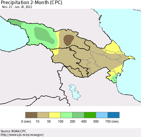 Azerbaijan, Armenia and Georgia Precipitation 2-Month (CPC) Thematic Map For 11/21/2021 - 1/20/2022