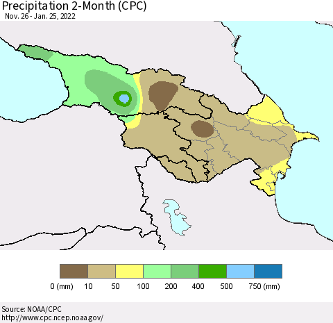 Azerbaijan, Armenia and Georgia Precipitation 2-Month (CPC) Thematic Map For 11/26/2021 - 1/25/2022