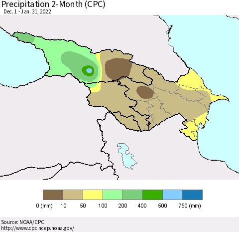 Azerbaijan, Armenia and Georgia Precipitation 2-Month (CPC) Thematic Map For 12/1/2021 - 1/31/2022