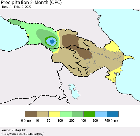 Azerbaijan, Armenia and Georgia Precipitation 2-Month (CPC) Thematic Map For 12/11/2021 - 2/10/2022