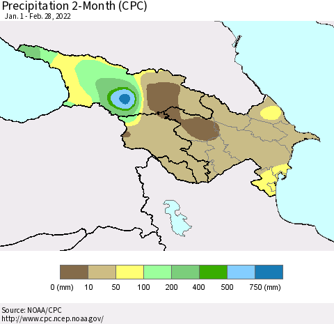 Azerbaijan, Armenia and Georgia Precipitation 2-Month (CPC) Thematic Map For 1/1/2022 - 2/28/2022