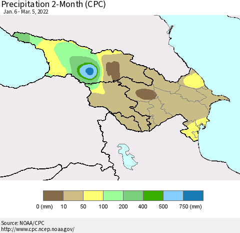Azerbaijan, Armenia and Georgia Precipitation 2-Month (CPC) Thematic Map For 1/6/2022 - 3/5/2022