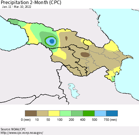 Azerbaijan, Armenia and Georgia Precipitation 2-Month (CPC) Thematic Map For 1/11/2022 - 3/10/2022