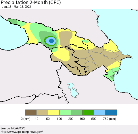Azerbaijan, Armenia and Georgia Precipitation 2-Month (CPC) Thematic Map For 1/16/2022 - 3/15/2022