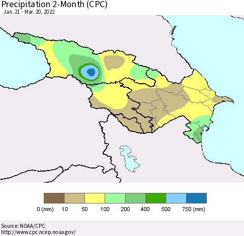Azerbaijan, Armenia and Georgia Precipitation 2-Month (CPC) Thematic Map For 1/21/2022 - 3/20/2022