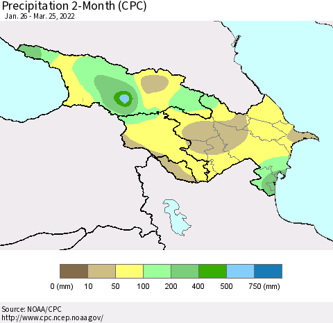 Azerbaijan, Armenia and Georgia Precipitation 2-Month (CPC) Thematic Map For 1/26/2022 - 3/25/2022