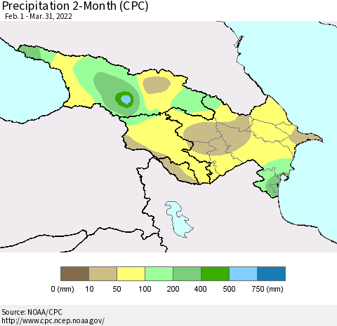 Azerbaijan, Armenia and Georgia Precipitation 2-Month (CPC) Thematic Map For 2/1/2022 - 3/31/2022