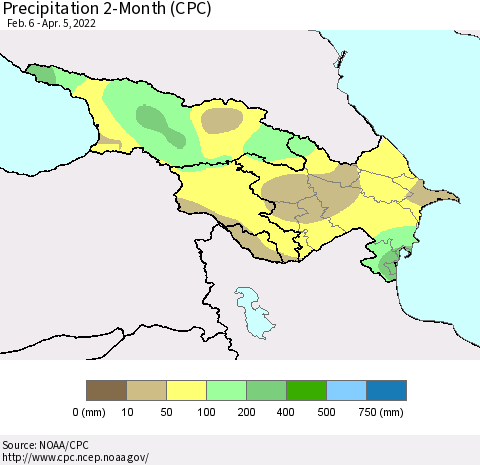 Azerbaijan, Armenia and Georgia Precipitation 2-Month (CPC) Thematic Map For 2/6/2022 - 4/5/2022