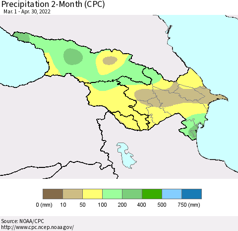 Azerbaijan, Armenia and Georgia Precipitation 2-Month (CPC) Thematic Map For 3/1/2022 - 4/30/2022