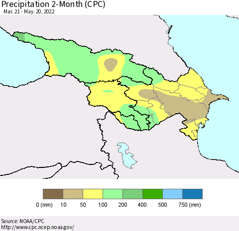 Azerbaijan, Armenia and Georgia Precipitation 2-Month (CPC) Thematic Map For 3/21/2022 - 5/20/2022