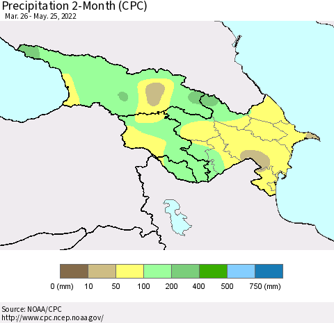 Azerbaijan, Armenia and Georgia Precipitation 2-Month (CPC) Thematic Map For 3/26/2022 - 5/25/2022