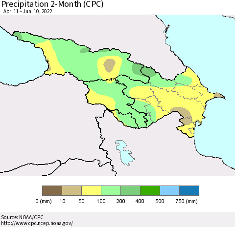 Azerbaijan, Armenia and Georgia Precipitation 2-Month (CPC) Thematic Map For 4/11/2022 - 6/10/2022