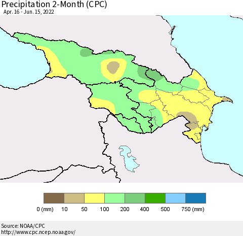 Azerbaijan, Armenia and Georgia Precipitation 2-Month (CPC) Thematic Map For 4/16/2022 - 6/15/2022