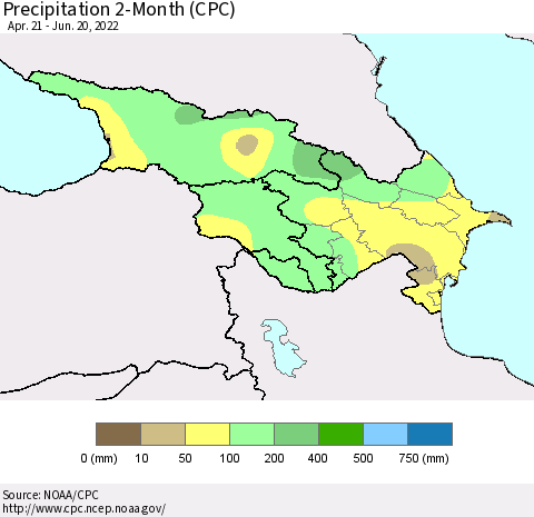 Azerbaijan, Armenia and Georgia Precipitation 2-Month (CPC) Thematic Map For 4/21/2022 - 6/20/2022