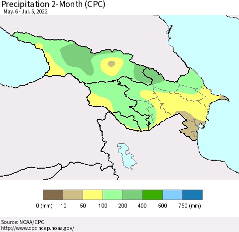 Azerbaijan, Armenia and Georgia Precipitation 2-Month (CPC) Thematic Map For 5/6/2022 - 7/5/2022