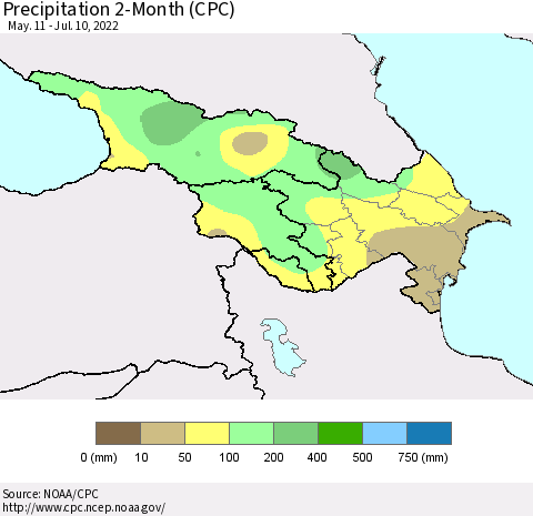 Azerbaijan, Armenia and Georgia Precipitation 2-Month (CPC) Thematic Map For 5/11/2022 - 7/10/2022