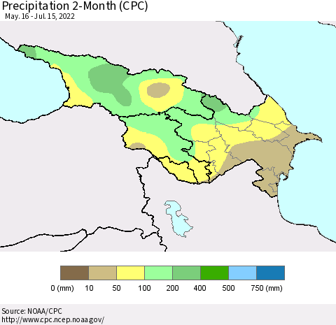Azerbaijan, Armenia and Georgia Precipitation 2-Month (CPC) Thematic Map For 5/16/2022 - 7/15/2022