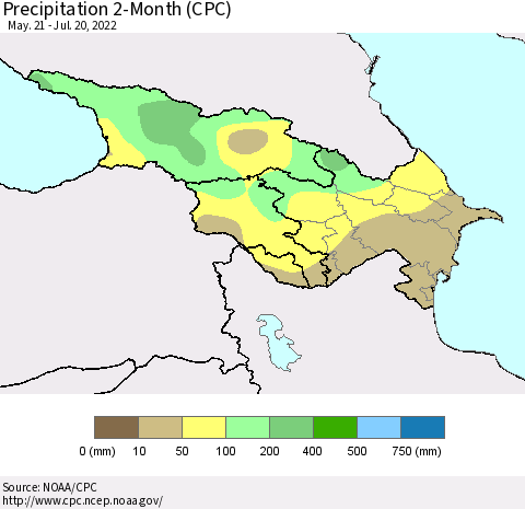 Azerbaijan, Armenia and Georgia Precipitation 2-Month (CPC) Thematic Map For 5/21/2022 - 7/20/2022