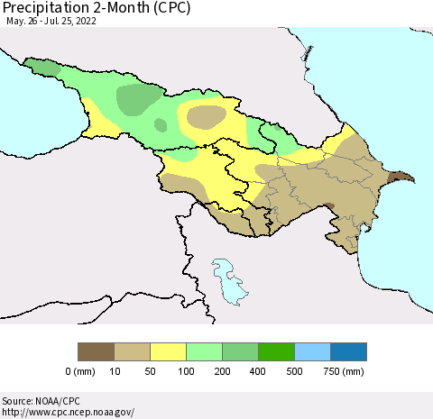 Azerbaijan, Armenia and Georgia Precipitation 2-Month (CPC) Thematic Map For 5/26/2022 - 7/25/2022