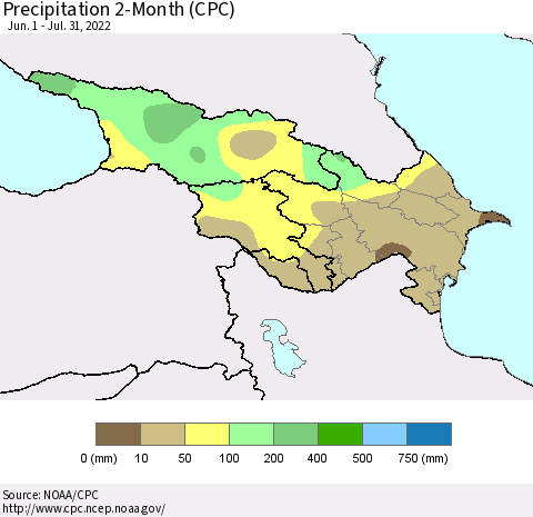 Azerbaijan, Armenia and Georgia Precipitation 2-Month (CPC) Thematic Map For 6/1/2022 - 7/31/2022