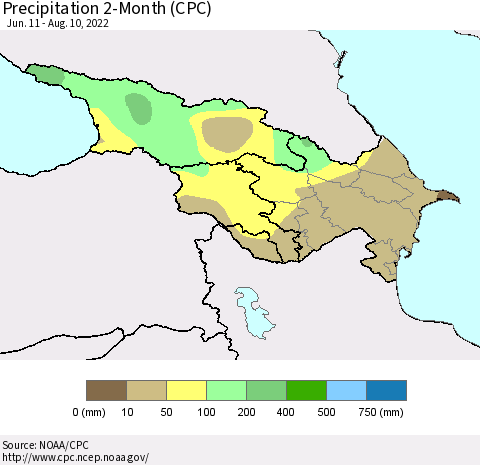 Azerbaijan, Armenia and Georgia Precipitation 2-Month (CPC) Thematic Map For 6/11/2022 - 8/10/2022