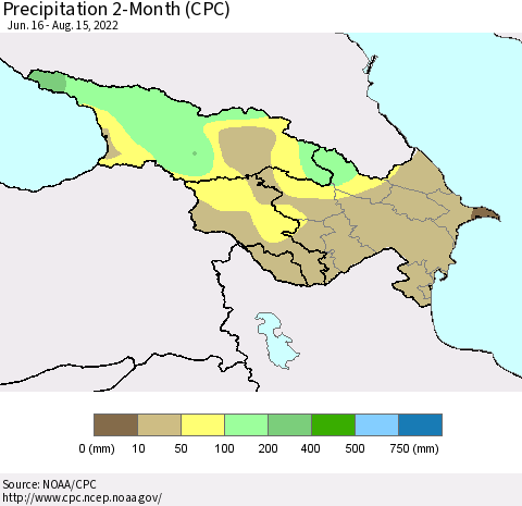 Azerbaijan, Armenia and Georgia Precipitation 2-Month (CPC) Thematic Map For 6/16/2022 - 8/15/2022