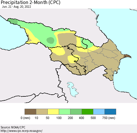 Azerbaijan, Armenia and Georgia Precipitation 2-Month (CPC) Thematic Map For 6/21/2022 - 8/20/2022