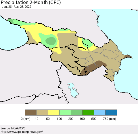 Azerbaijan, Armenia and Georgia Precipitation 2-Month (CPC) Thematic Map For 6/26/2022 - 8/25/2022