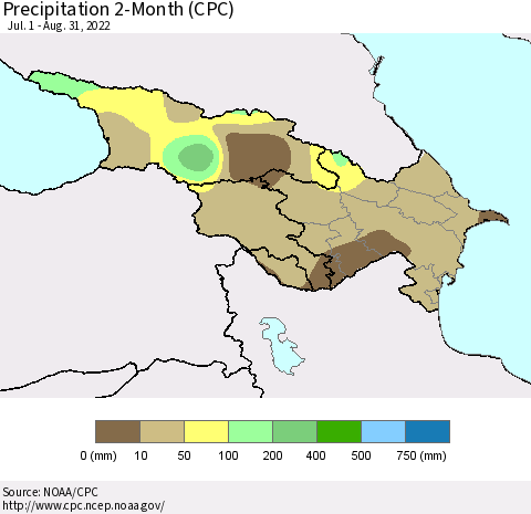 Azerbaijan, Armenia and Georgia Precipitation 2-Month (CPC) Thematic Map For 7/1/2022 - 8/31/2022