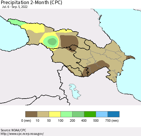Azerbaijan, Armenia and Georgia Precipitation 2-Month (CPC) Thematic Map For 7/6/2022 - 9/5/2022