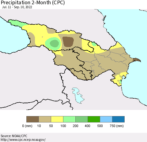 Azerbaijan, Armenia and Georgia Precipitation 2-Month (CPC) Thematic Map For 7/11/2022 - 9/10/2022