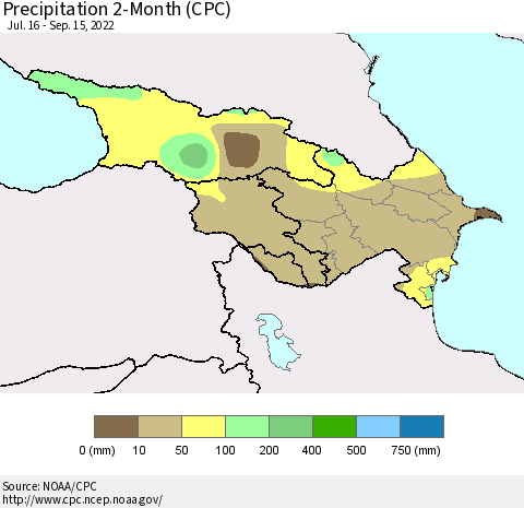Azerbaijan, Armenia and Georgia Precipitation 2-Month (CPC) Thematic Map For 7/16/2022 - 9/15/2022