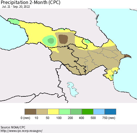 Azerbaijan, Armenia and Georgia Precipitation 2-Month (CPC) Thematic Map For 7/21/2022 - 9/20/2022