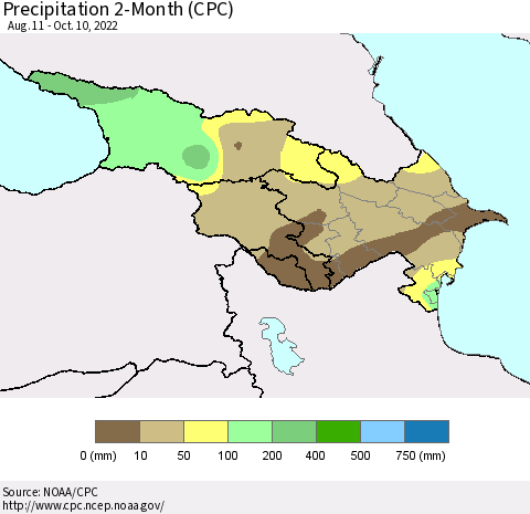 Azerbaijan, Armenia and Georgia Precipitation 2-Month (CPC) Thematic Map For 8/11/2022 - 10/10/2022
