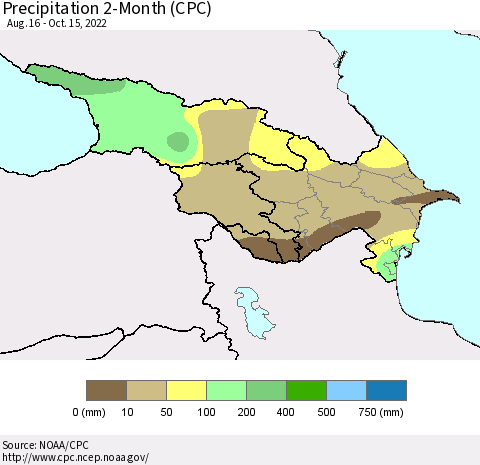 Azerbaijan, Armenia and Georgia Precipitation 2-Month (CPC) Thematic Map For 8/16/2022 - 10/15/2022