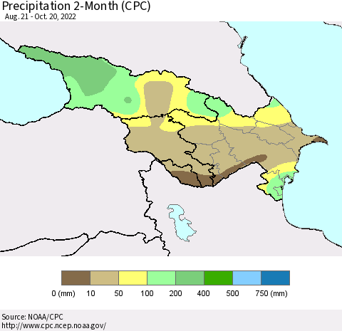 Azerbaijan, Armenia and Georgia Precipitation 2-Month (CPC) Thematic Map For 8/21/2022 - 10/20/2022