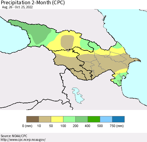 Azerbaijan, Armenia and Georgia Precipitation 2-Month (CPC) Thematic Map For 8/26/2022 - 10/25/2022