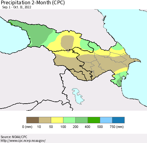 Azerbaijan, Armenia and Georgia Precipitation 2-Month (CPC) Thematic Map For 9/1/2022 - 10/31/2022
