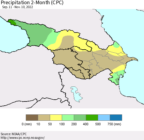 Azerbaijan, Armenia and Georgia Precipitation 2-Month (CPC) Thematic Map For 9/11/2022 - 11/10/2022