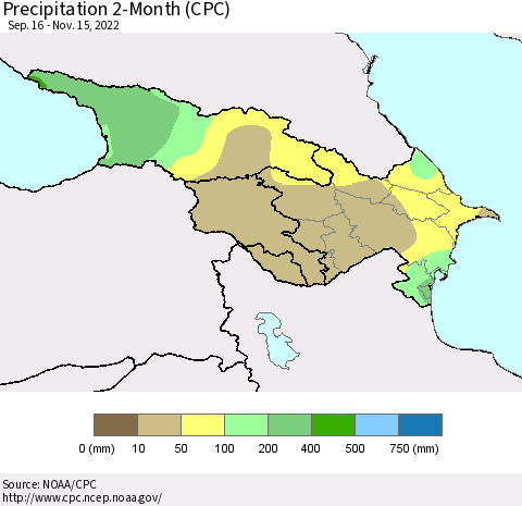Azerbaijan, Armenia and Georgia Precipitation 2-Month (CPC) Thematic Map For 9/16/2022 - 11/15/2022