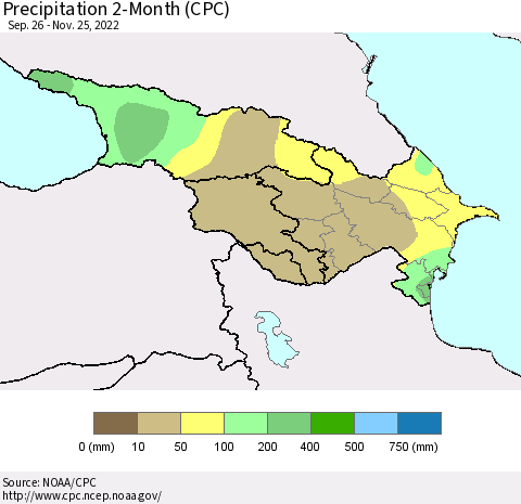 Azerbaijan, Armenia and Georgia Precipitation 2-Month (CPC) Thematic Map For 9/26/2022 - 11/25/2022