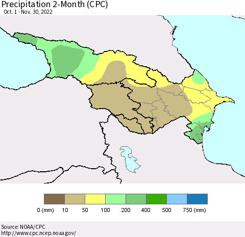 Azerbaijan, Armenia and Georgia Precipitation 2-Month (CPC) Thematic Map For 10/1/2022 - 11/30/2022