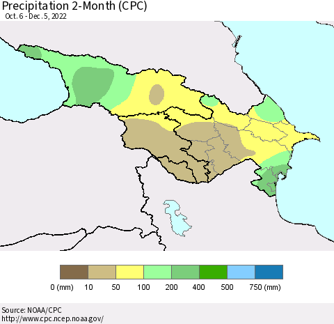 Azerbaijan, Armenia and Georgia Precipitation 2-Month (CPC) Thematic Map For 10/6/2022 - 12/5/2022