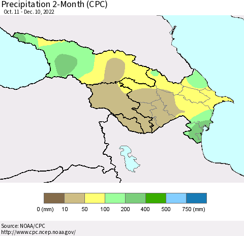 Azerbaijan, Armenia and Georgia Precipitation 2-Month (CPC) Thematic Map For 10/11/2022 - 12/10/2022