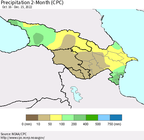 Azerbaijan, Armenia and Georgia Precipitation 2-Month (CPC) Thematic Map For 10/16/2022 - 12/15/2022