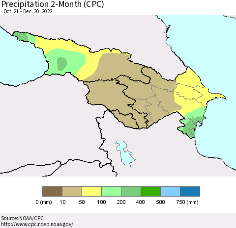 Azerbaijan, Armenia and Georgia Precipitation 2-Month (CPC) Thematic Map For 10/21/2022 - 12/20/2022