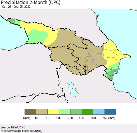 Azerbaijan, Armenia and Georgia Precipitation 2-Month (CPC) Thematic Map For 10/26/2022 - 12/25/2022