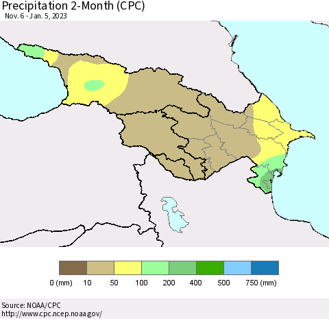 Azerbaijan, Armenia and Georgia Precipitation 2-Month (CPC) Thematic Map For 11/6/2022 - 1/5/2023