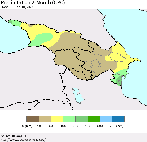 Azerbaijan, Armenia and Georgia Precipitation 2-Month (CPC) Thematic Map For 11/11/2022 - 1/10/2023