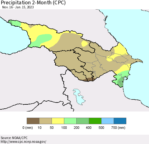 Azerbaijan, Armenia and Georgia Precipitation 2-Month (CPC) Thematic Map For 11/16/2022 - 1/15/2023